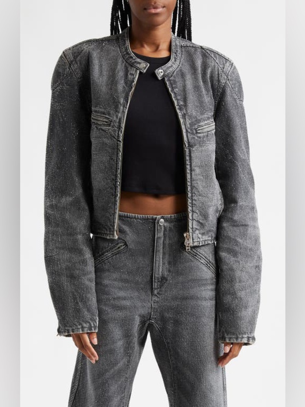 NWOT Alexander Wang Hotfix Crystal Embellished Faded Denim Moto Biker Jacket S